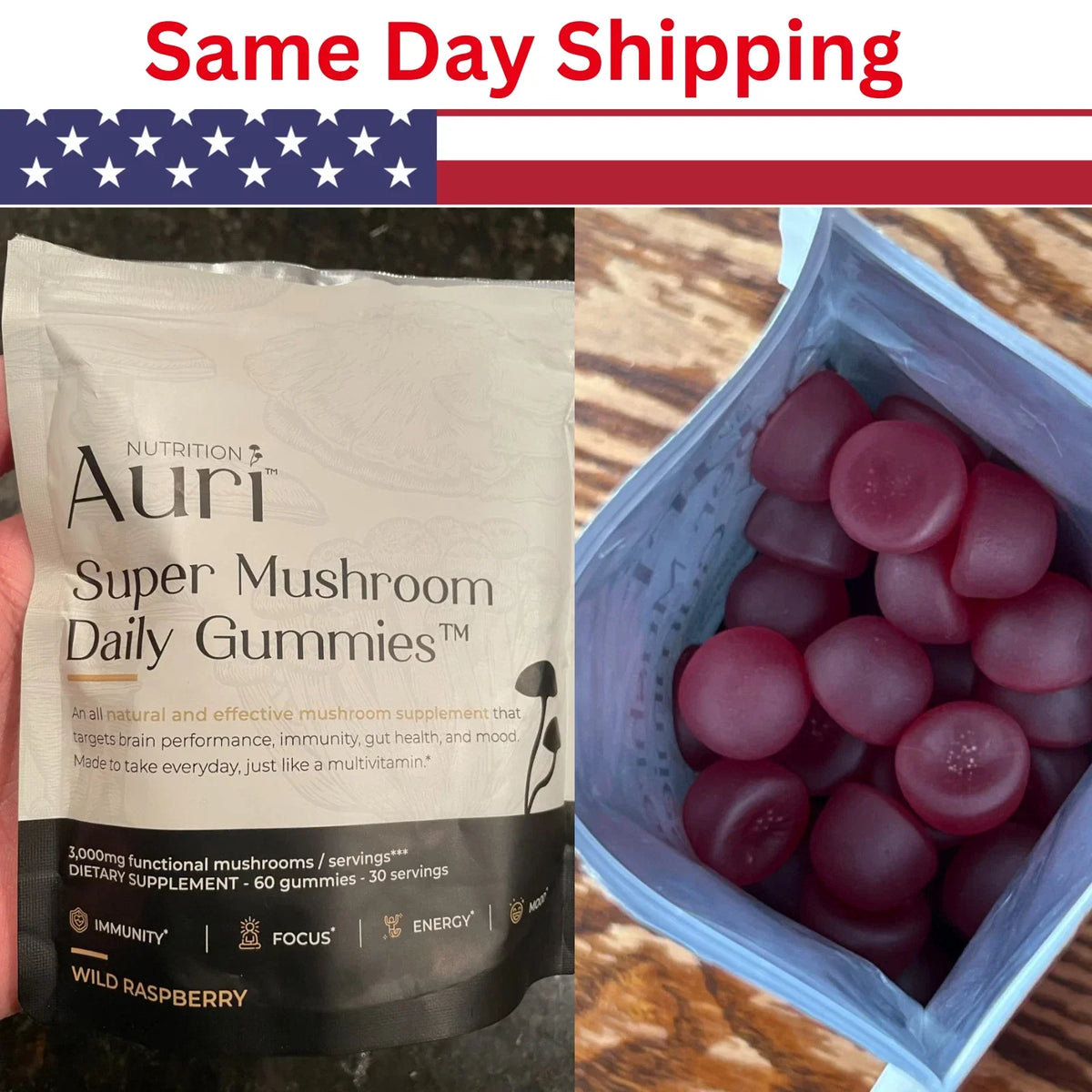 Auri Super Mushroom Daily Gummies 12 Mushroom Blend Chaga 60 Gummies EX25
