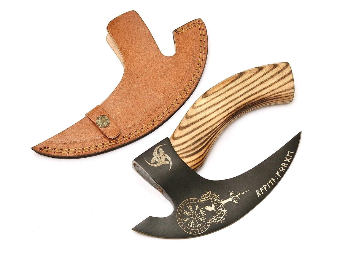 Viking Axe Pizza Cutter Handmade Carbon Steel Blade Leather Sheath Custom Design