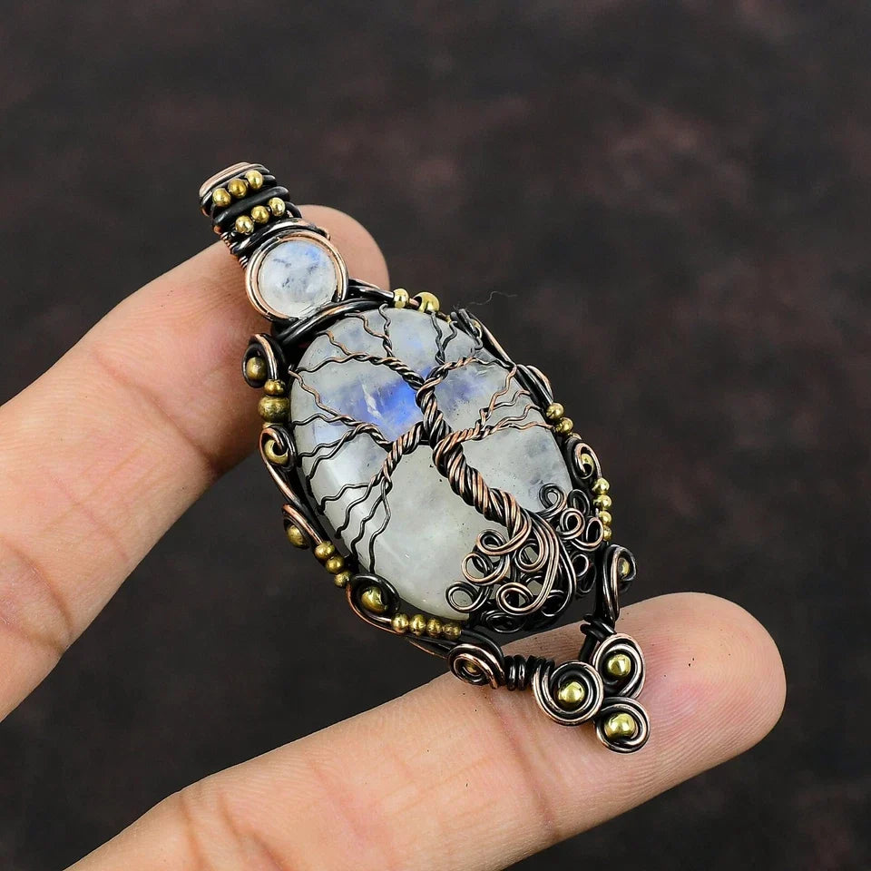 Rainbow Moonstone Tree of Life Pendant 2.76" – Copper Wire Wrapped Mom Gift Jewelry